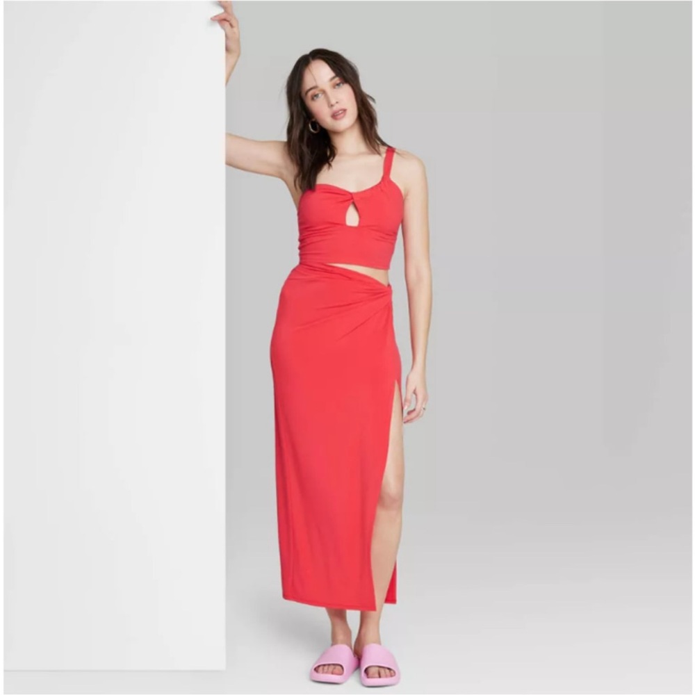 WILD FABLE - WOMEN’S RED HIGH-RISE TWISTED MIDI SKIRT - SIZE XXS